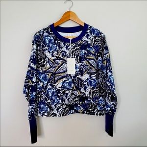 JOIE Floral Leaf Print Navy Cropped Sweatshirt Size L